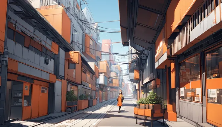 Urban streets，Decorated in bright orange，Good-looking design，No mans scene，daytime