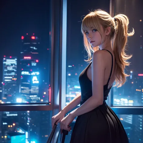 A city pop poster with a retro 80s feel、Imagine the album cover。With the highest quality anime illustrations、The main character is a blonde girl with short hair.。Her eyes shine blue、Dressed in rapper style clothing、I&#39;m wearing headphones。
The image is ...