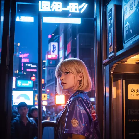 A city pop poster with a retro 80s feel、Imagine the album cover。With the highest quality anime illustrations、The main character is a blonde girl with short hair.。Her eyes shine blue、Dressed in rapper style clothing、I&#39;m wearing headphones。
The image is ...