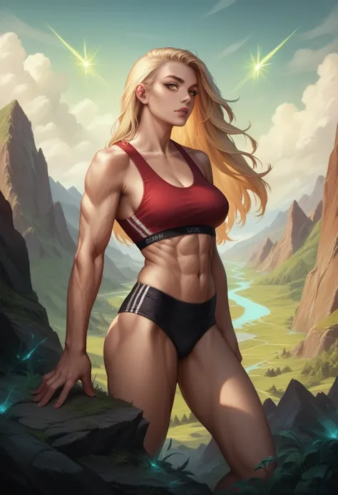 a muscular girl with a strong, fit body, beautiful detailed face, detailed eyes, lush lips, long eyelashes, blonde hair, wearing a red sports bra, in an epic fantasy landscape with mountains, cliffs, waterfalls, glowing magical energy, cinematic lighting, ...