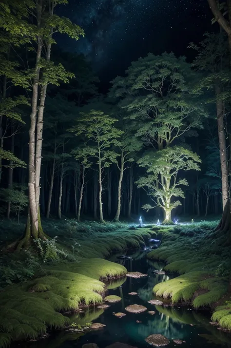 Draw a fantastic landscape of an enchanted forest at night. Giant trees with crystal trunks stand imposingly, with leaves that softly glow in shades of blue and green. On the forest floor, there is a carpet of luminescent flowers that emit a magical purple...