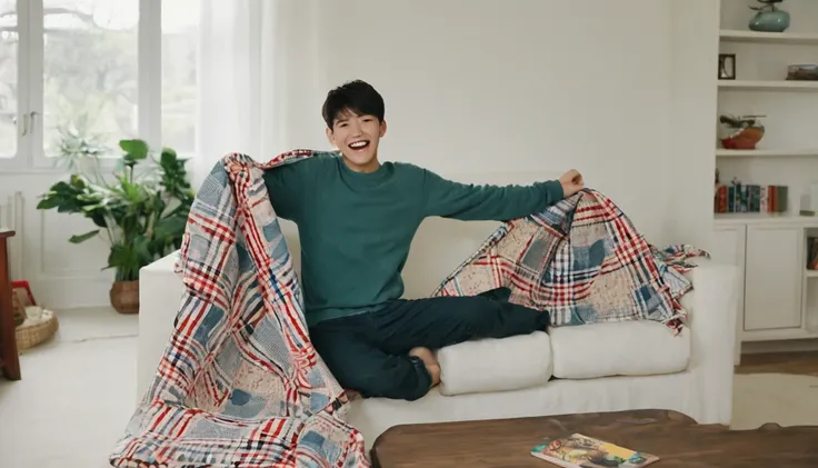 A 20-year-old boy,wrapped in a quilt,sat on the sofa in the living room,facing the camera,Happy, happy，Jump up with joy