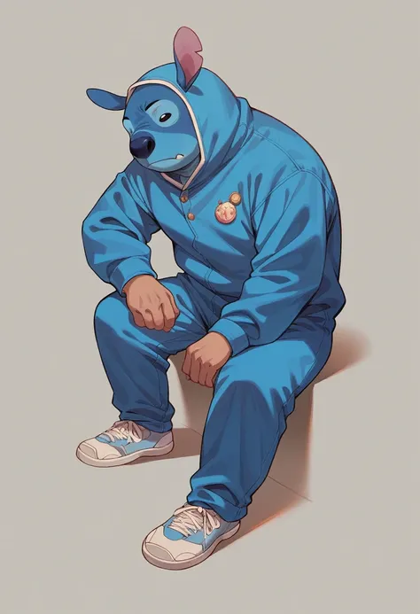 ((best quality)), ((masterpiece)), (detailed), anime man with a floppy brown fringe. He is wearing a blue stitch onesie and white sneakers. 