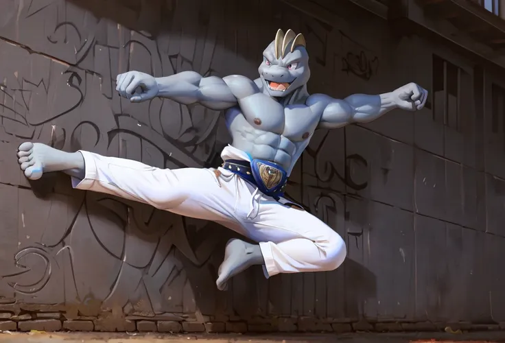 (((Barefoot furry character, full body, cinematic setting, furry male, plantigrade))) 

(((Machoke))) as Capoeira fighter, ((pokemon, long white pants, training Capoeira in the park))

blue body, bara:0.5

BREAK, intricate details, highly detailed, extreme...