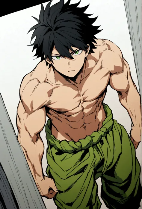 He is a 17 year old teenager, He has slightly disheveled very black hair..., somewhat light green eyes, (front angle ) , muscular body , shirtless, with Boku no Hero pants 