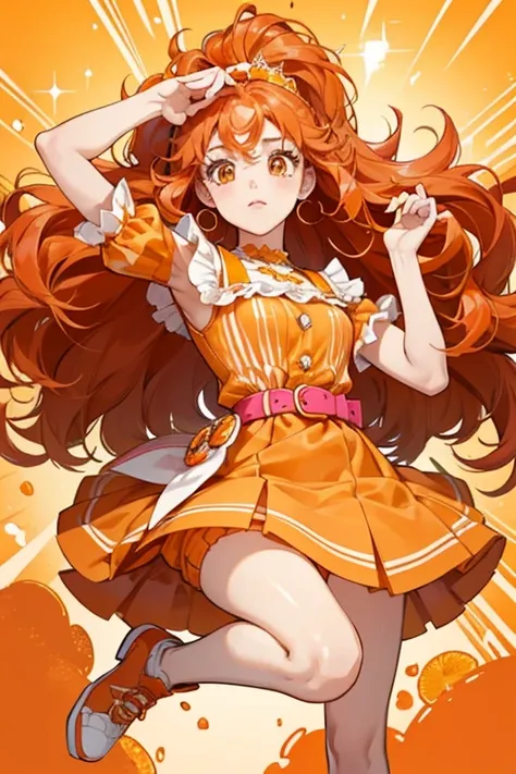 Tangerine has a fair skin color and pale pink cheeks. Her bright red hair is very curly, with added loose locks and curls at the bottom of her head. She wears tangerine and an orange slice on her head.

Her puffy pastel orange dress has an orange belt and ...