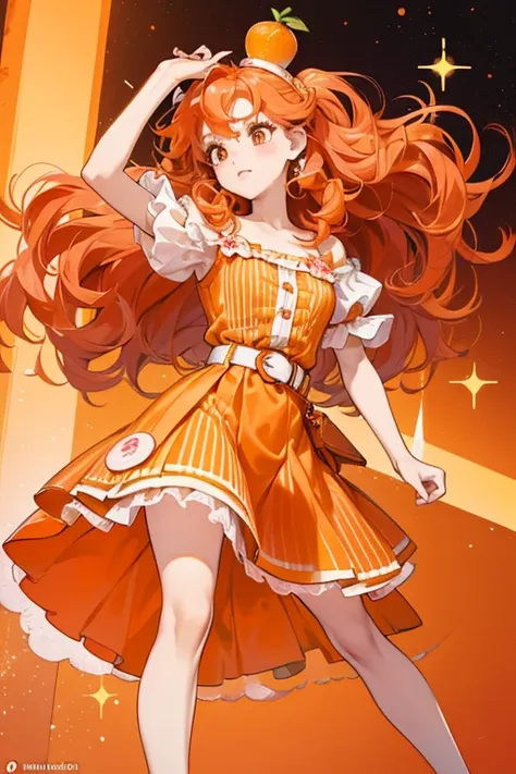 Tangerine has a fair skin color and pale pink cheeks. Her bright red hair is very curly, with added loose locks and curls at the bottom of her head. She wears tangerine and an orange slice on her head.

Her puffy pastel orange dress has an orange belt and ...