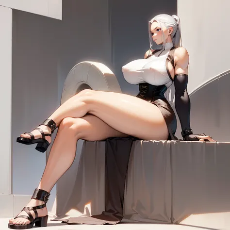 (masterpiece), best quality, female warrior, huge girl, female muscular:1.2, (silver hair), big breast, (curvy:1.2), (((blank background))), ((full body)), fingerless gloves, sandals, sleeveless, covered nipples, detailed dress, corset, bare legs , tall gi...