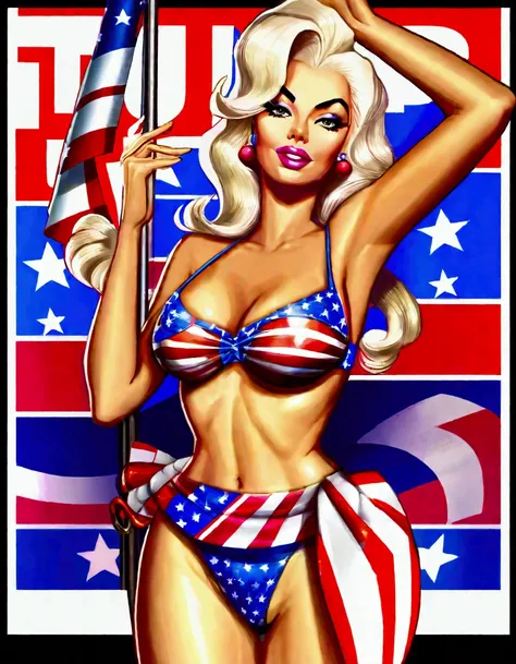 Jayne Mansfield, 25 years old, wearing a patriotic Trump bikini, waving an American flag, 50s style, MAGA poster in the background, detailed portrait, hyper realistic, cinematic lighting, dramatic pose, vibrant colors, sharp focus, photorealistic, masterpi...