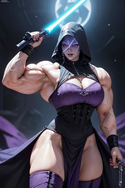 ((massive, tall, beautiful, buff, muscular pale white skinned female sith lord with cyan hair, black lipstick, ginormous bulky m...