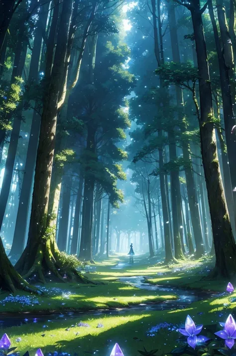 Draw a fantastic landscape of an enchanted forest at night. Giant trees with crystal trunks stand imposingly, with leaves that softly glow in shades of blue and green. On the forest floor, there is a carpet of luminescent flowers that emit a magical purple...