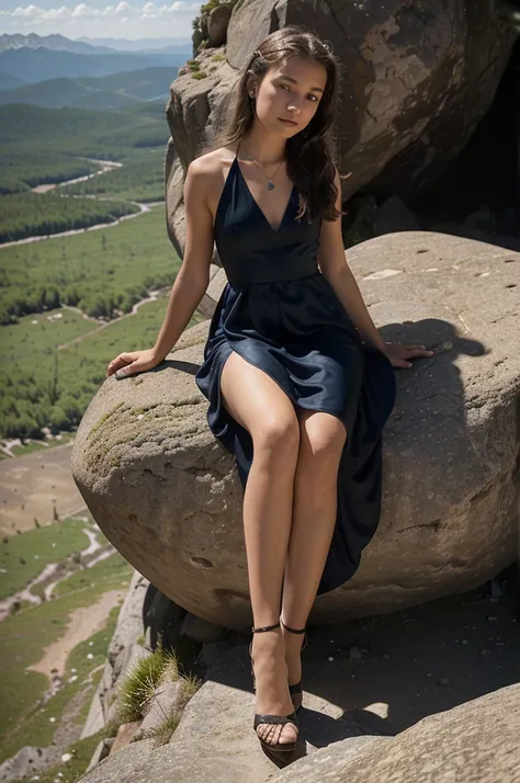 tween 12-year-old girl wearing a floor-length halter ball gown dress, and a diamond necklace, sitting on a boulder at the top of a mountain, wearing heels, looking over a valley, (full body view), (in the middle of nowhere, in the wilderness,