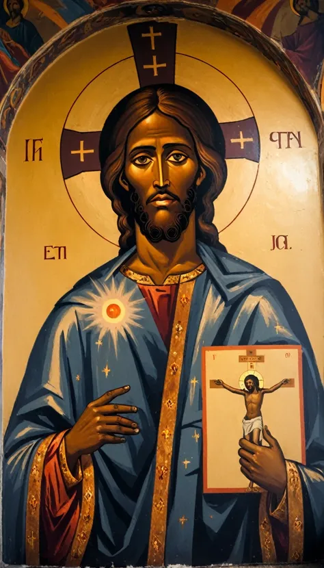 black jesus christ,so,cosmic nolos. orthodox painted on the interior wall of a rortch church