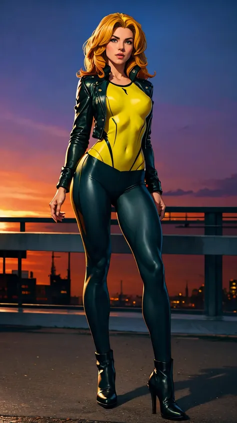 ((Full body shot, standing, feet on the ground)) Rogue, X-Men, (best quality, 4k, 8k, high resolution, leather jacket, cyclist body, masterpiece: 1.2), ultra-detailed, ( realistic, photorealistic, photorealistic: 1.37), full body photo, yellow high boots, ...