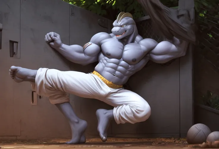 (((Barefoot furry character, full body, cinematic setting, furry male, plantigrade))) 

(((Machoke))) as Capoeira fighter, ((pokemon, long white pants, training Capoeira in the park))

blue body, bara:0.5

BREAK, intricate details, highly detailed, extreme...