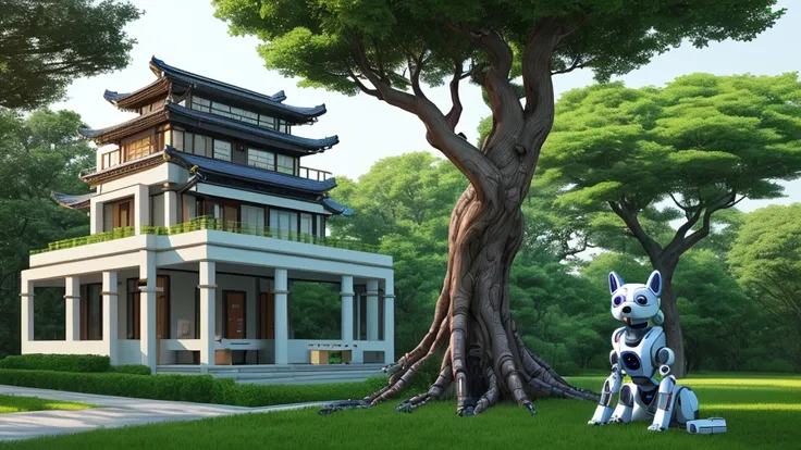 robot dog，house，tree，tree上的秋千