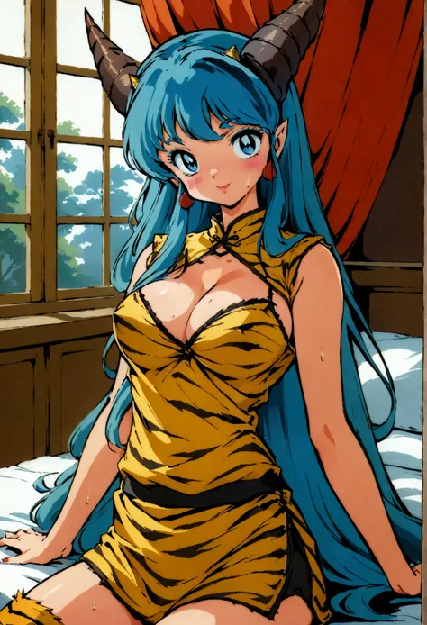 score_9, score_8_up, score_7_up, 1980's style, retro, source anime, flat color, illustration. lum, long hair, blue hair, blue ey...