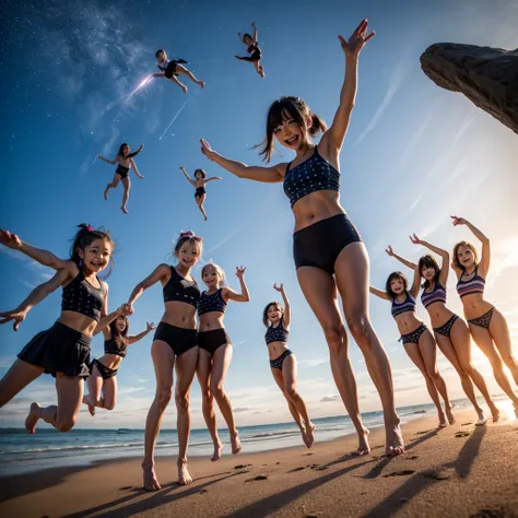  Masterpiece of ProfessionalPhoto ((ExtremelyDetailed (12 PICHIPICHI KAWAII Girls Floating in The Air in a row:1.37) in WHITE at Dusk Enoshima Beach)), {(Standing Full Body:1.2)|(from below:1.2)|Detailed KAWAII face}, Different types of hair colors, {(skin...