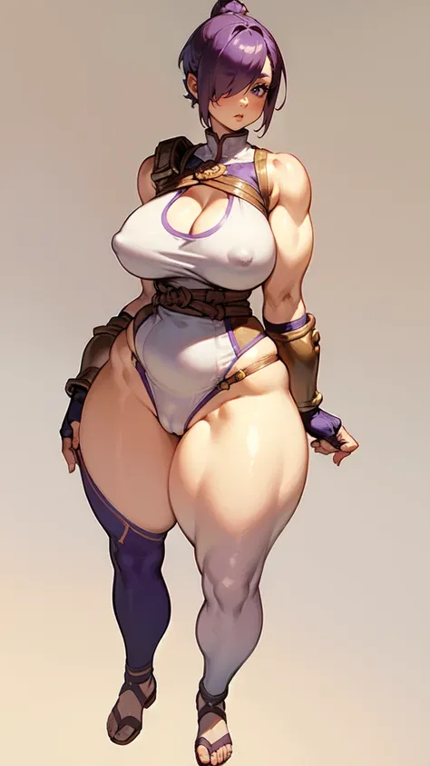 (masterpiece), best quality, female warrior, huge girl, female muscular:1.2, shoulder armor, pauldron, (curvy:1.7), (((blank background))), ((full body)), fingerless gloves, sandals, sleeveless, covered nipples, ((buzzcut hairstyle)), purple hair, hair ove...