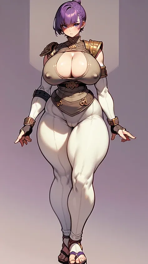 (masterpiece), best quality, female warrior, huge girl, female muscular:1.2, shoulder armor, pauldron, (curvy:1.7), (((blank background))), ((full body)), fingerless gloves, sandals, sleeveless, covered nipples, ((buzzcut hairstyle)), purple hair, hair ove...