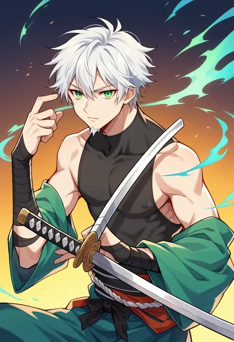 1 young boy,  details Intricate, 1 men, bonitas, White hair, vibrant green eyes, slim ripped m, アニメ,19 years, a small goatee, kimono de Shinigami, Shinigami, , Tank top, kimono, 2 Katanas, two swords, double katana, katana longa, ceifera of souls