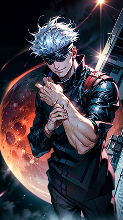 1boy, half body shot, perfect hand and fingers, satoru gojo, blindfold, black outfit, white hair, look at sky, smirk, red and blue moon city night background, wallpaper, cinematic,High resolution 8K, Bright light illumination, lens flare, sharpness, master...