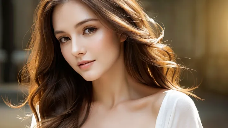 （best quality，High resolution，master piece：1.3），tall and beautiful woman，frontage，Long dark brown hair with loose waves,big breasts，V-neck white shirt，dark alley，Beautifully rendered facial and skin texture details，charming eyes，charming eyes，double eyelid