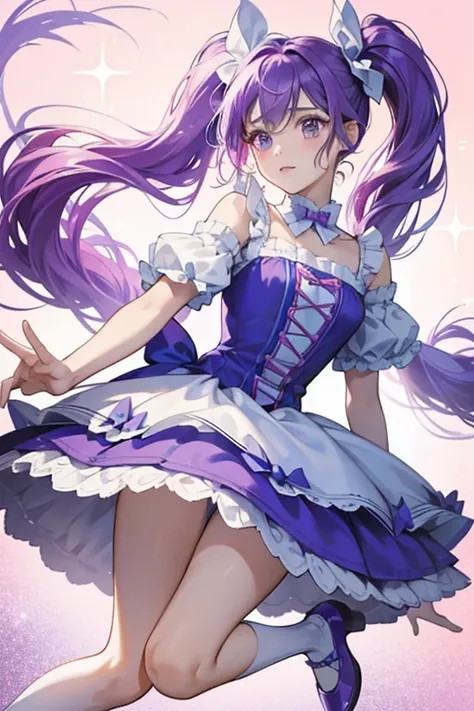 Tress is a fair-skinned girl with purple hair worn in pigtails. She wears a bright blue bow in her hair, a pale pink dress with pink and white accents, and purple shoes. SPARKLE; GLITTER