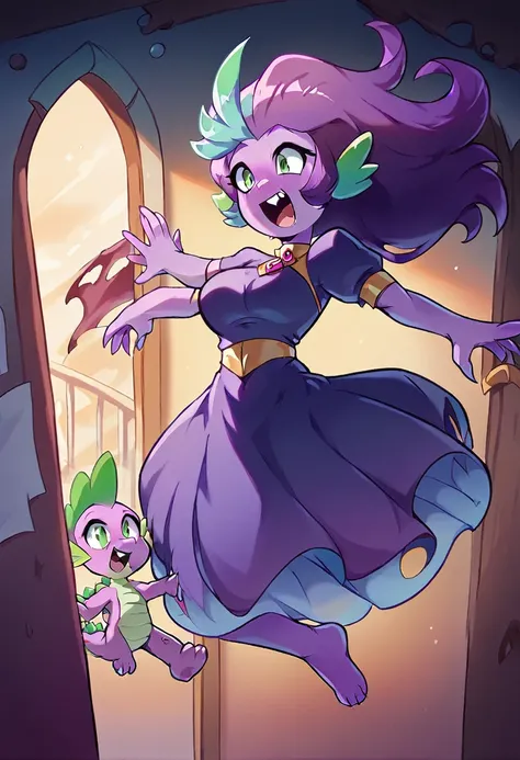 ghost, (monster girl), purple skin, spike, spiky purple hair, caught laughter, floating hand, wearing a deep purple dress, float...