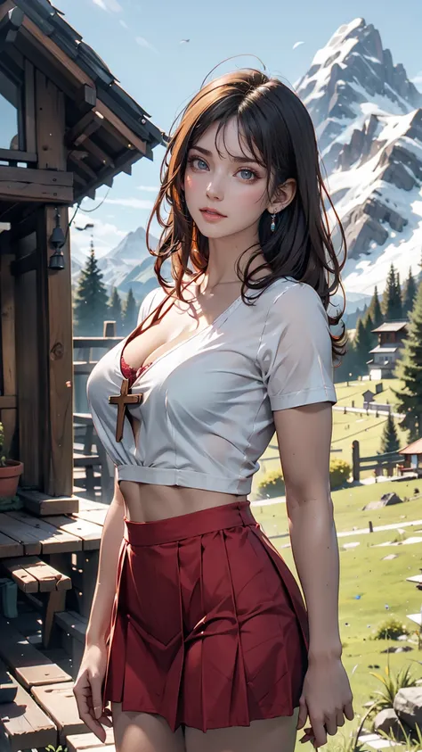 Heidi, the girl of the Alps、24 year old Swiss woman、Yellow short-sleeved shirt、Red front cross bra top((front cross bratop))The best of、Red mini pleated skirt、patten、Mountainous regions of the Alps、Grazing cows