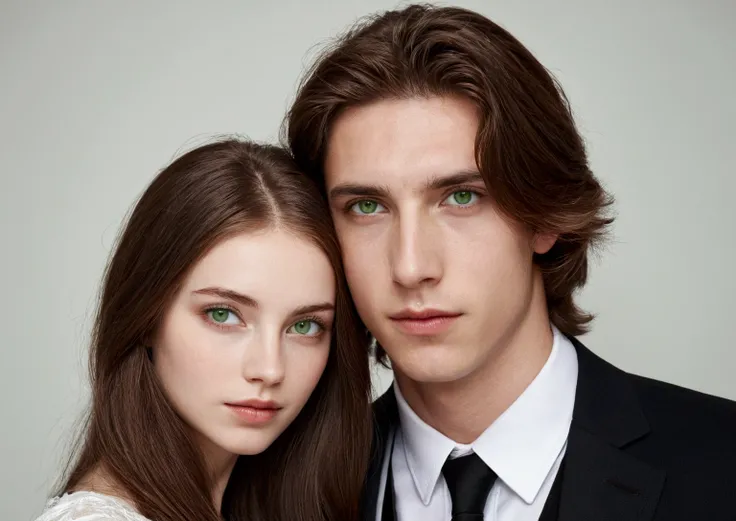 Young couple white skin brown hair, green eyes, 