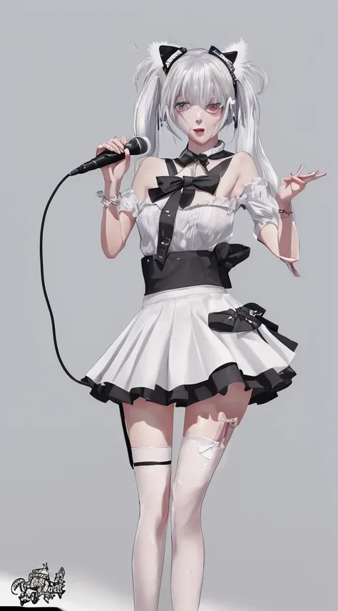 ((masterpiece, high quality, best quality, 8K, wallpaper, Thin lines, Very detailed, absurd))，A cute girl with double ponytails holding a microphone, wearing cat ear hair accessories, with a full figure, wearing a fluffy skirt, Leg rings, and white hair
