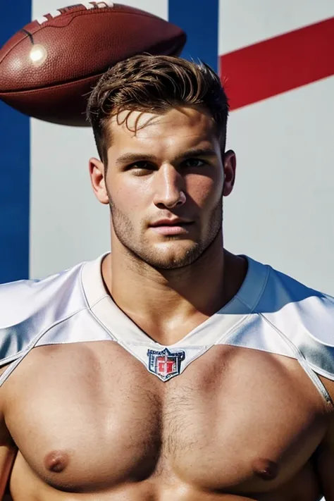 a close up of a Nick Bosa holding a football, colorized photo by Edward Avedisian, photorealism, mid-shot of a hunky, for GQ, football player, athletic tall handsome guys, sexy masculine, shirtless, sporty physique, the super hot and sexy, 30 year old man,...