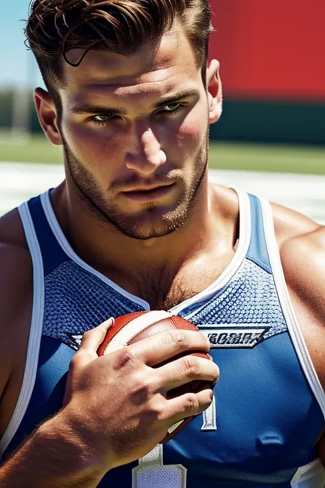 a close up of a Nick Bosa holding a football, colorized photo by Edward Avedisian, photorealism, mid-shot of a hunky, for GQ, football player, athletic tall handsome guys, sexy masculine, shirtless, sporty physique, the super hot and sexy, 30 year old man,...