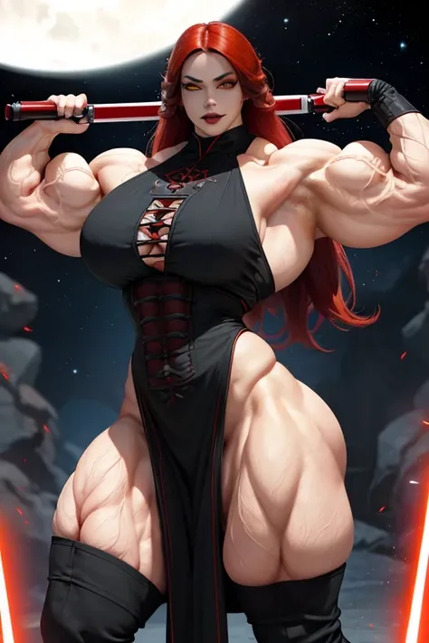 ((Massive, tall, beautiful, buff, muscular pale white skinned asian female Sith Lord with red hair, black lipstick, ginormous bulky muscles, carrying a red lightsaber and wearing a long gothic tiered dress)), ((close view)), black eyeliner, massive muscles...