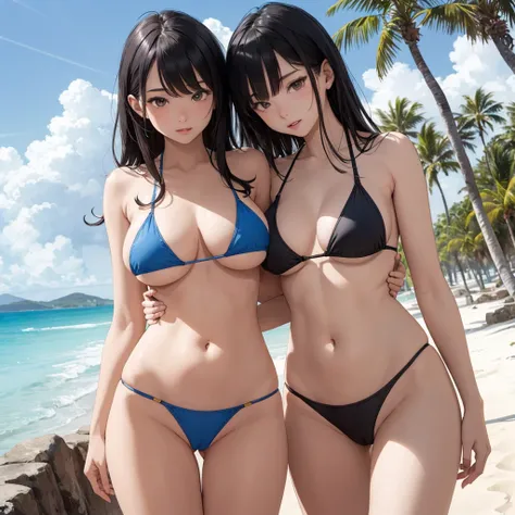 NSFW, (((Uncensored))), (((Clear picture))). high image quality, high resolution, 18 year old beautiful girl、shiny black hair、Hime cut、Brown eyes, dark eyebrows, J-cup huge breasts、172cm tall、tightened waist,、red bikini, sexy pose, Sandy Beach、Blue sky