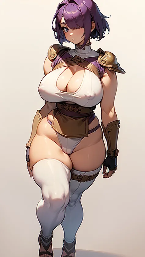 (masterpiece), best quality, female warrior, huge girl, female muscular:1.2, shoulder armor, pauldron, (curvy:1.85), (((blank background))), ((full body)), fingerless gloves, sandals, sleeveless, covered nipples, ((buzzcut hairstyle)), purple hair, hair ov...