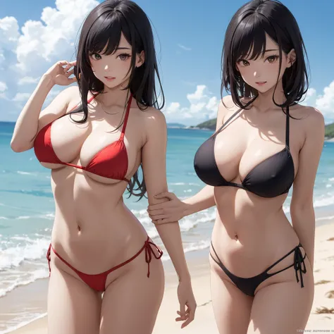 NSFW, (((Uncensored))), (((Clear picture))). high image quality, high resolution, 18 year old beautiful girl、shiny black hair、Hime cut、Brown eyes, dark eyebrows, J-cup huge breasts、172cm tall、tightened waist,、red bikini, sexy pose, Sandy Beach、Blue sky