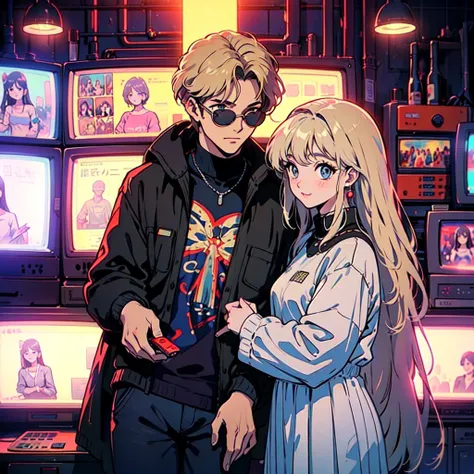 A city pop poster with a retro 80s feel、Imagine the album cover。With the highest quality anime illustrations、The main character is a blonde girl with short hair.。Her eyes shine blue、He is wearing sunglasses and rapper-style clothing.、I&#39;m wearing headph...