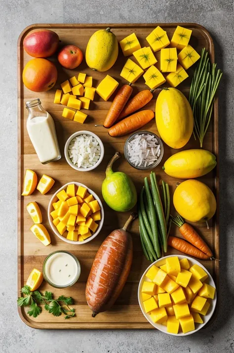 Create a food board that includes meat, Rice, carrot, mango, a box of milk, A bottle of water, beans and a mango