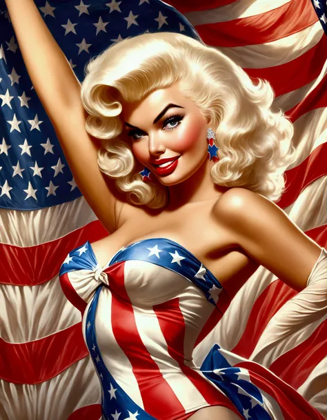 Jayne Mansfield, 25 years old, wearing a patriotic Trump bikini, waving an American flag, 50s style, MAGA poster in the background, detailed portrait, hyper realistic, cinematic lighting, dramatic pose, vibrant colors, sharp focus, photorealistic, masterpi...