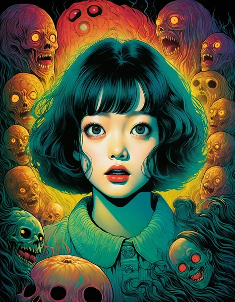 An illustration、art、70s horror movie posters, Supervised by Junji Ito、High detail, Realistic Shadows、Analog Style, chromatic aberration, Surrealism、Complementary Gradient