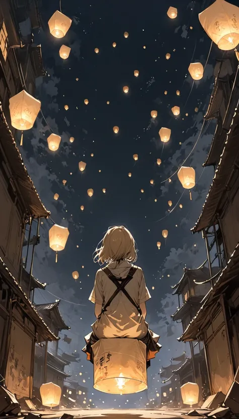 (Ashley Wood (Ashley Wood) style of:1.1), 
1 Girl,Spread your knees apart，Bring your feet together,?,large areas of white space,sit,At the bottom of the screen,(look up:1.5),from the side,Look up,comics,，Wishing paper lanterns in the sky