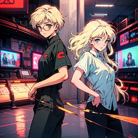 A city pop poster with a retro 80s feel、Imagine the album cover。With the highest quality anime illustrations、The main character is a blonde girl with short hair.。Her eyes shine blue、He is wearing sunglasses and rapper-style clothing.、I&#39;m wearing headph...