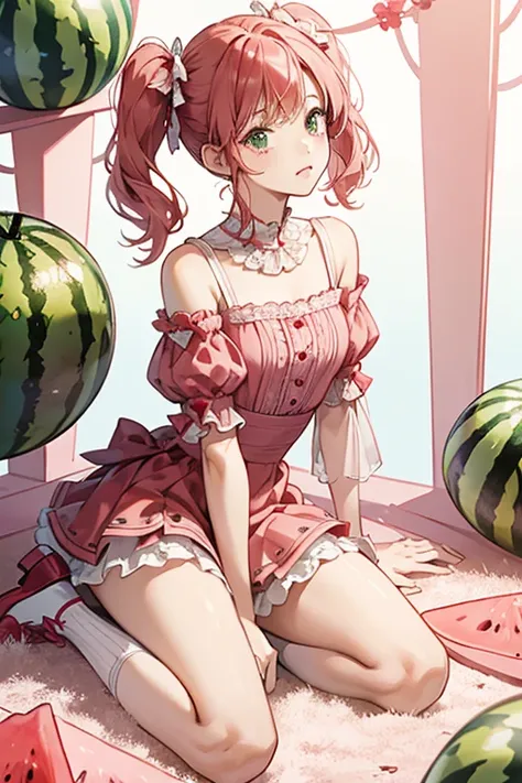 Water Mellie is a fair-skinned girl with extremely pale pink cheeks and short red hair pulled in low, straightened pigtails. Her bangs are neatly brushed, with a few sticking out on the right side of her head. She wears a large watermelon bow with a bite m...