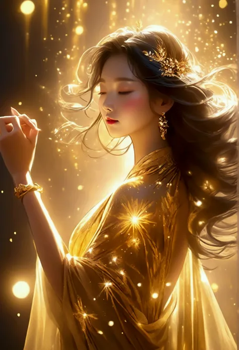 Asian woman enveloped in golden light, her casual clothes transforming into a shimmering gold gown. Magical particles, ethereal glow, fantasy transformation scene