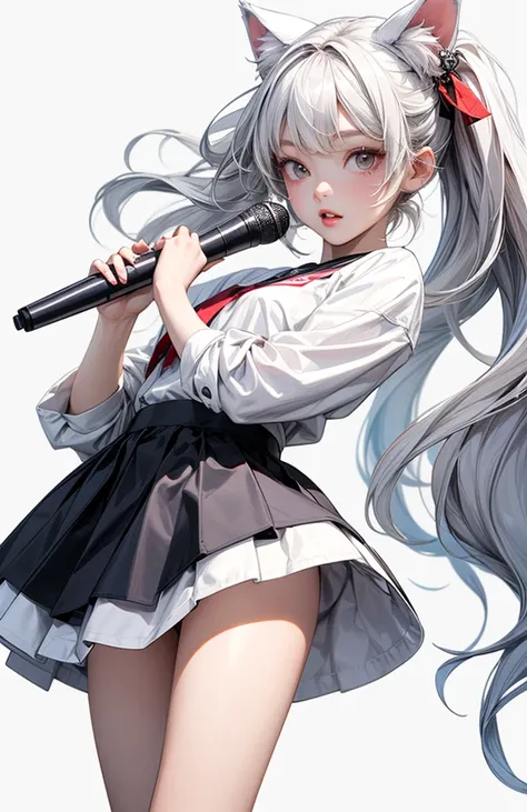 (Masterpiece, High Quality, Best Quality, 8000 yuan, Wallpaper, Detailed, Actual), 1 girl, Korean pop star, cute face, holding microphone, white hair, double ponytails, wearing cat ear hair accessories, wearing a fluffy skirt, with leg rings, plump figure,...