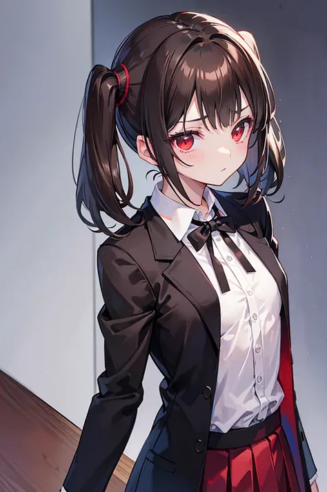 dark brown hair, short twintail, portrait, a cute girl, reticence, red eyes, disinterest, small breasts, Bored look, Bangs Garma, frill shirt, black tie, blazer