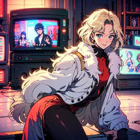 A city pop poster with a retro 80s feel、Imagine the album cover。With the highest quality anime illustrations、The main character is a blonde girl with short hair.。Her eyes shine blue、He is wearing sunglasses and rapper-style clothing.、I&#39;m wearing headph...