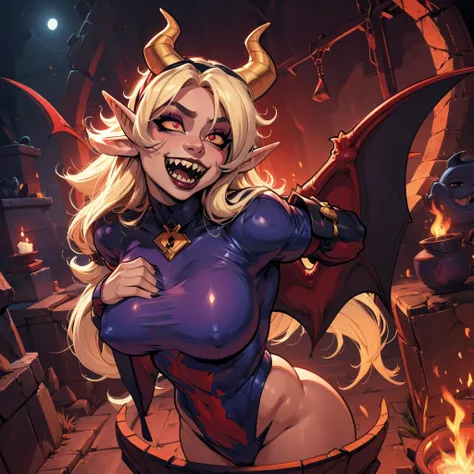 Rosto detalhado, grandes olhos, sharp teeth, hair over eyes, hairband, demon horns, demon wings, long hair, pointy ears, elf, very chubby, 8k, hd, hdr, long blonde hair, demon horns, makeup